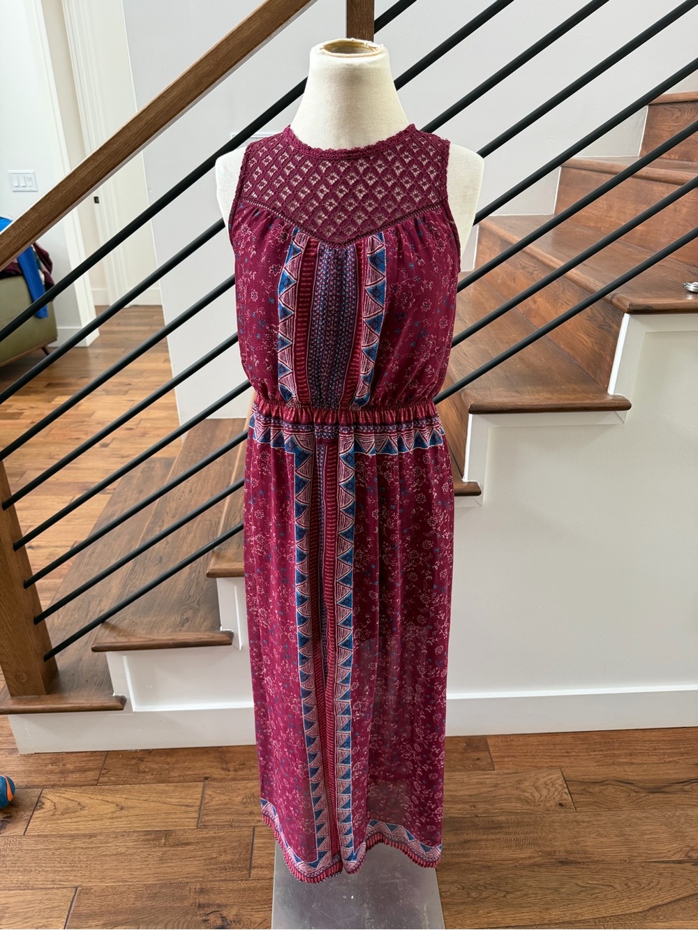 Xhilaration Burgundy Boho Maxi Dress with Lace Yoke